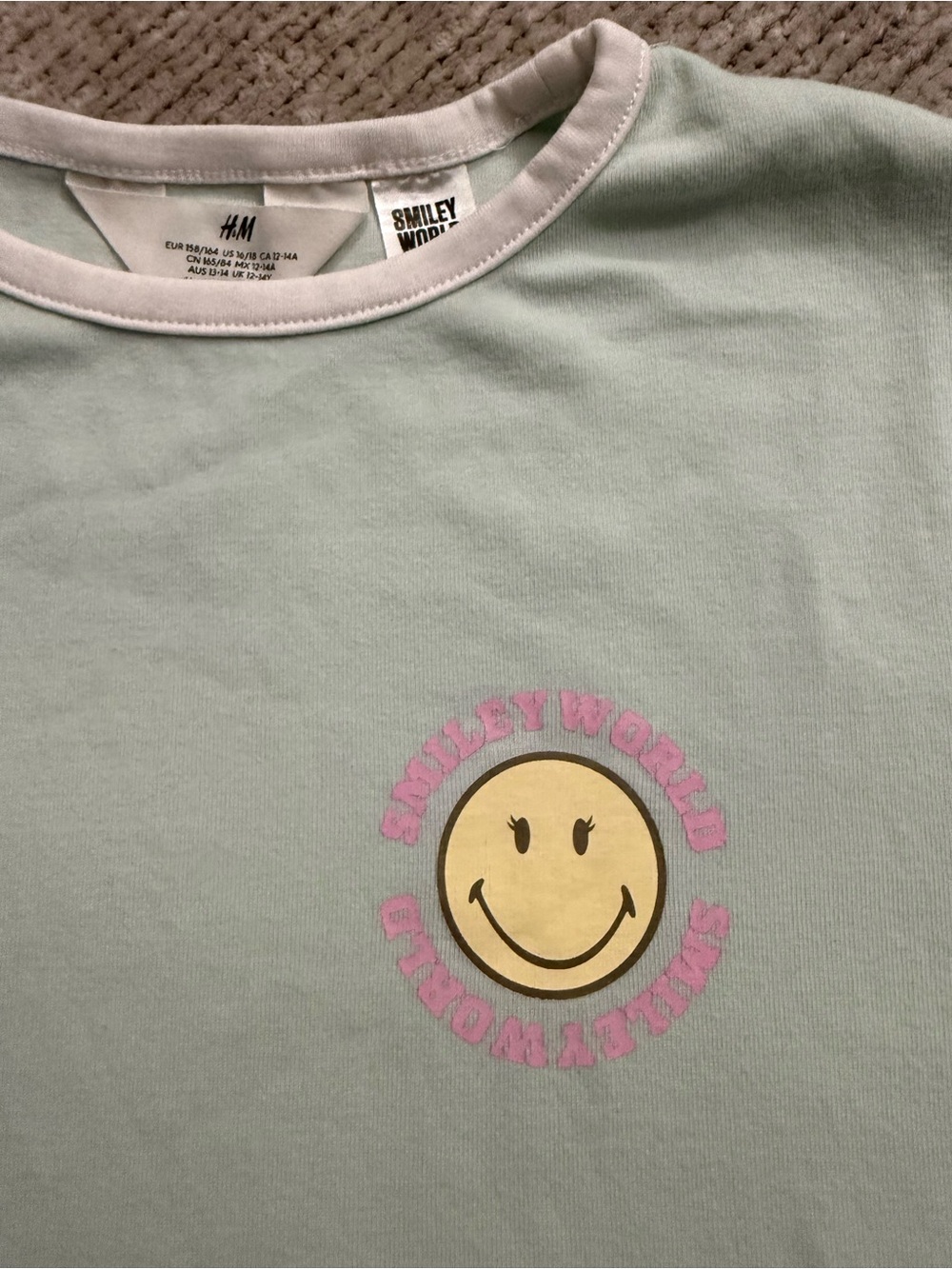 H&M SmileyWorld Graphic‎ Tee Size 12/14 Mint Green Smiley Face